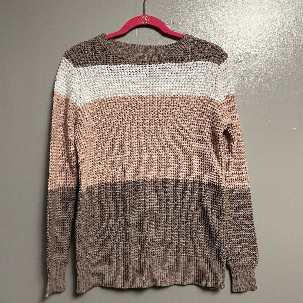 Pulse Brown Pink White Striped Waffle-Knit Pullover Sweater Women's S